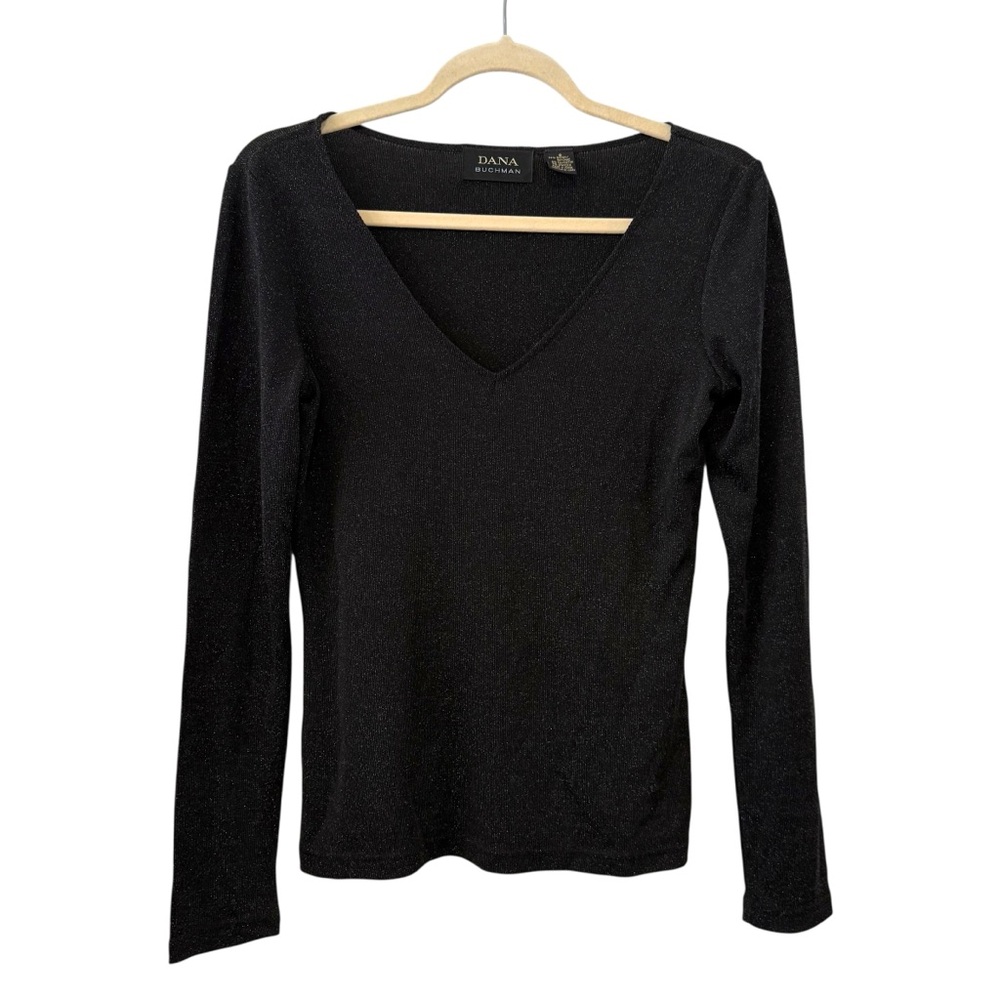 Dana Buchman Black & Gold Shimmer V-Neck Long Sleeve Top Women’s Small